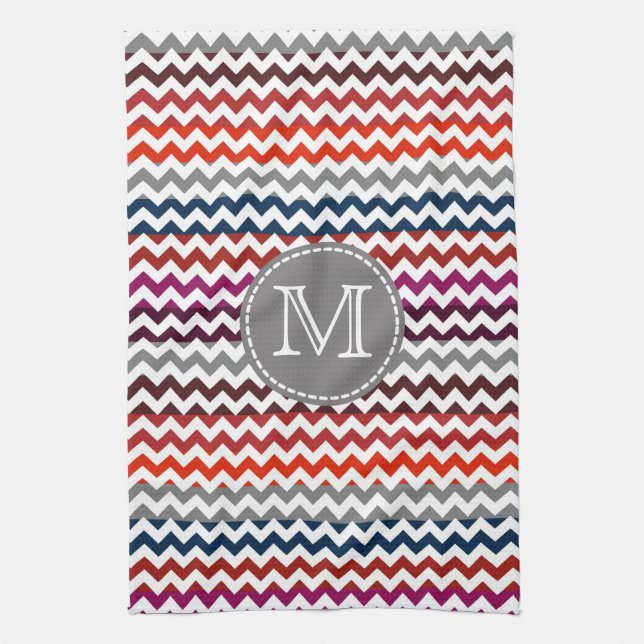 Red White Grått Chevron Zigzag Monogram Kökshandduk (Vertikal)