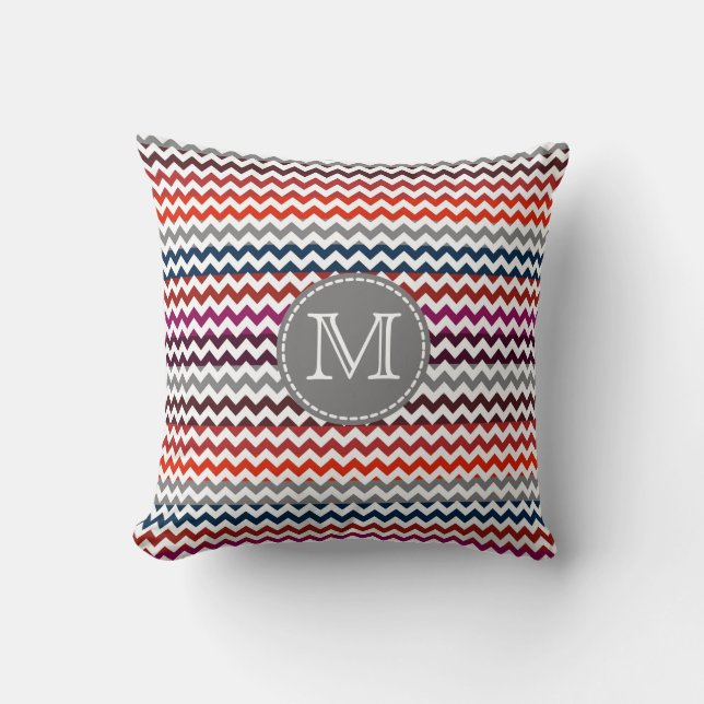 Red White Grått Chevron Zigzag Monogram Kudde (Framsida)