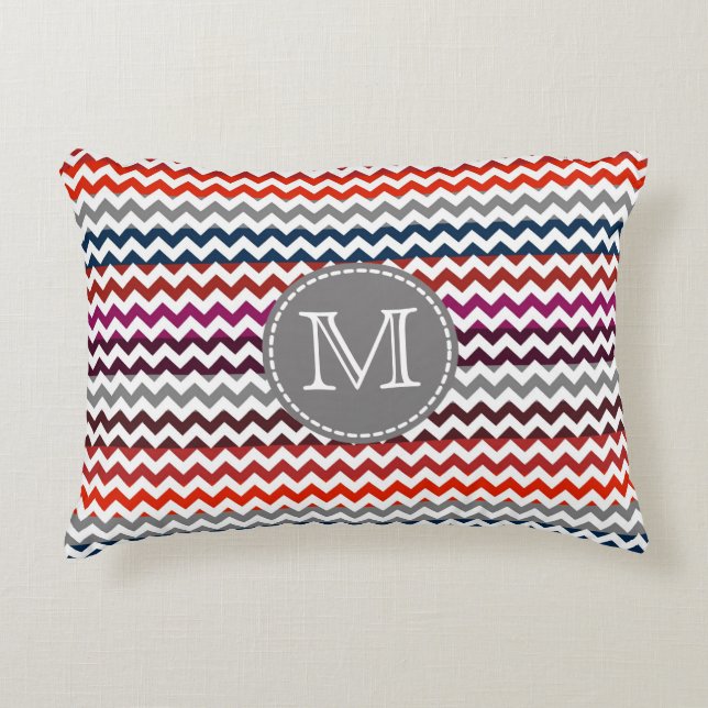 Red White Grått Chevron Zigzag Monogram Prydnadskudde (Framsidan)