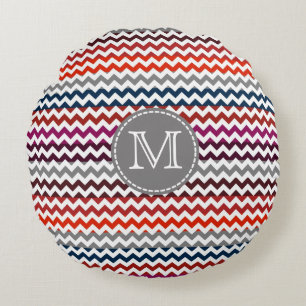 Red White Grått Chevron Zigzag Monogram Rund Kudde