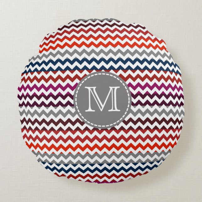 Red White Grått Chevron Zigzag Monogram Rund Kudde (Framsidan)