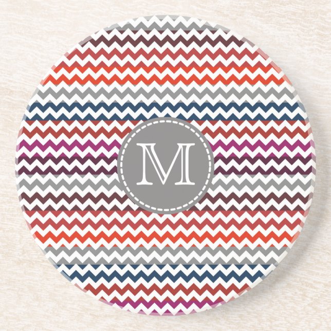 Red White Grått Chevron Zigzag Monogram Underlägg (Framsidan)