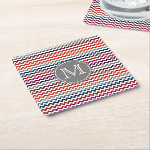 Red White Grått Chevron Zigzag Monogram Underlägg Papper Kvadrat