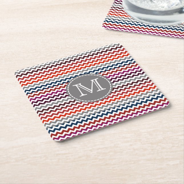 Red White Grått Chevron Zigzag Monogram Underlägg Papper Kvadrat (Vinklad)
