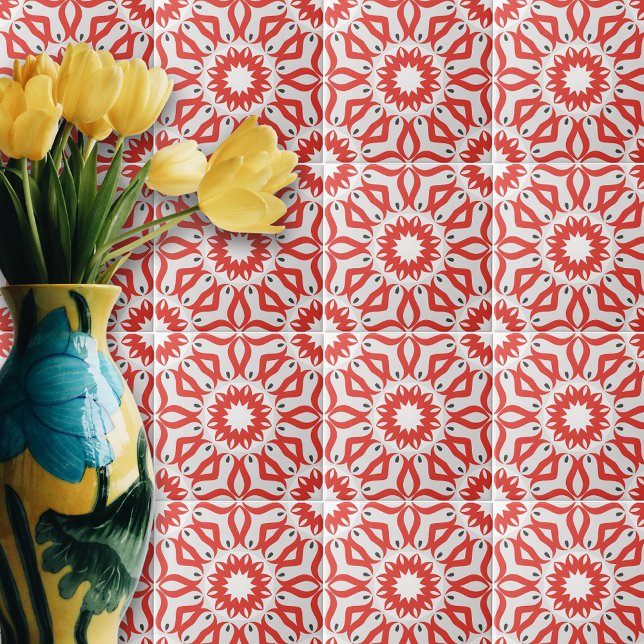 Red White Grått Ethnic Boho Chic Mosaic Geometric Kakelplatta (Skapare uppladdad)