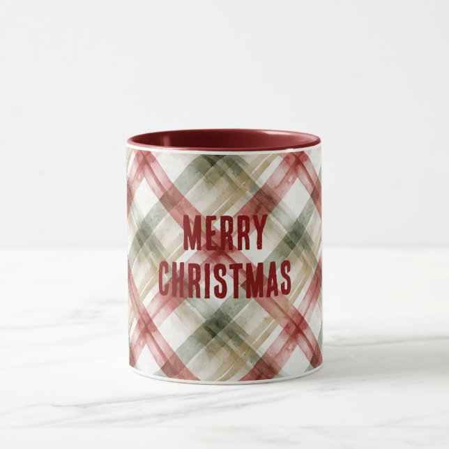 Red White Green Plaid Stripes Christmas Mugg (Center)