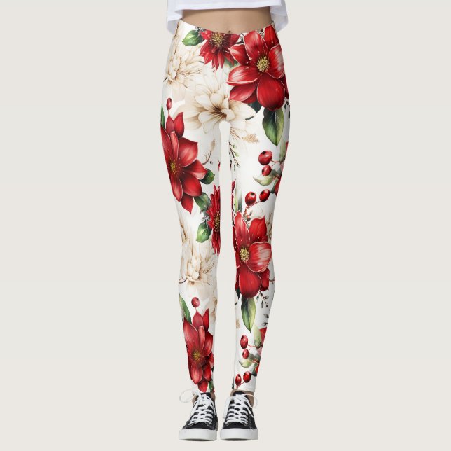 Red White Grönt Blommönster Elegant Stor Chic Leggings (Framsida)