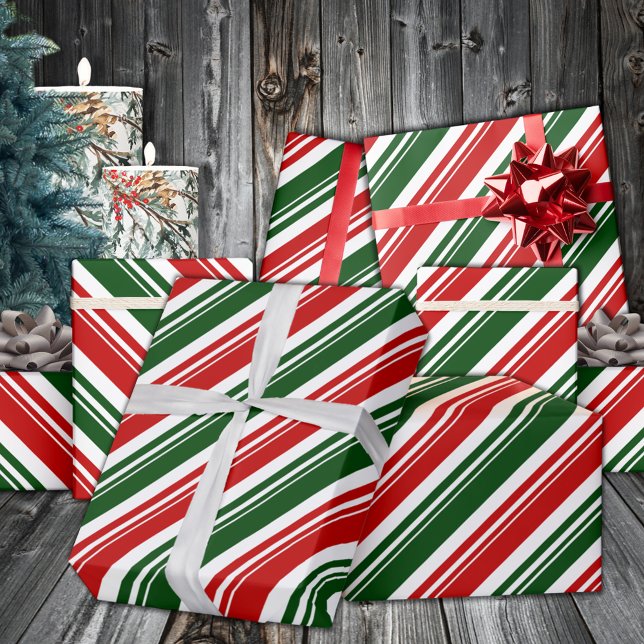 Red White Grönt Candy cane Rand Helgdag Presentpapper (Red White Green Candy Cane Stripe Holiday Wrapping Paper In 6 & 15 foot long 30 inch tall rolls)