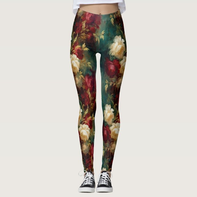 Red White Grönt Flowers Leggings (Framsida)