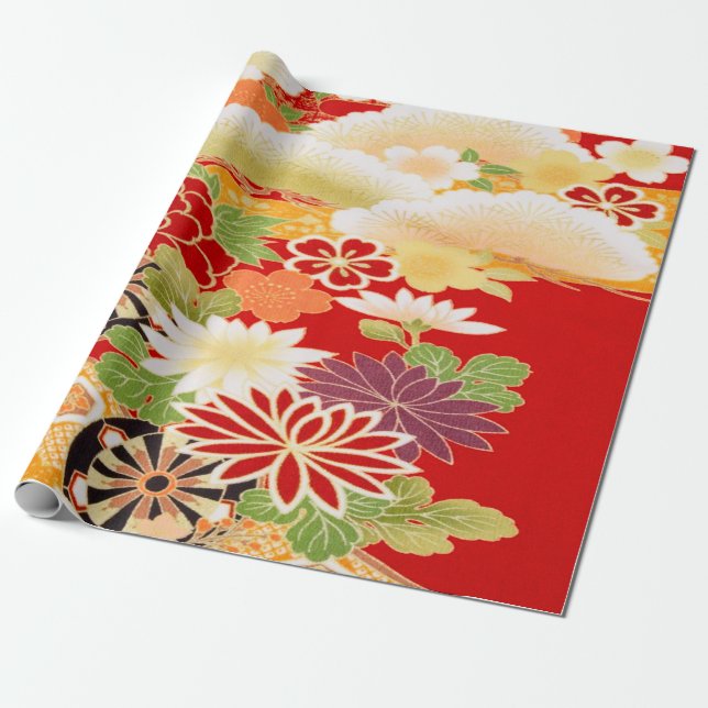 Red White Grönt Japansk Kimono Blommigt Decoupage Presentpapper (Utrullad)