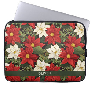 Red White Grönt Poinsettia Flowers Mönster Namn Laptop Fodral