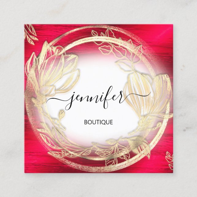 Red White Guld Blommigt Ram QRCode Logotyp Fyrkantigt Visitkort (Framsida)