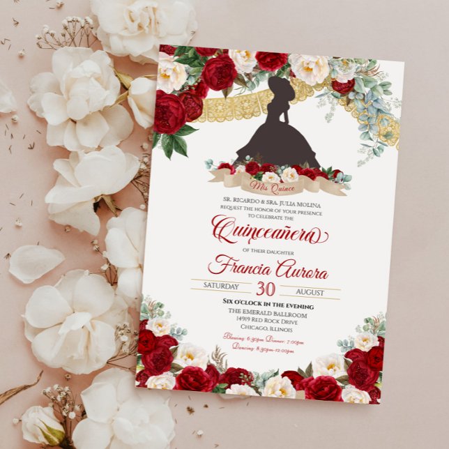 Red White Guld Elegant Blommigt Charro Quinceanera Inbjudningar (Skapare uppladdad)