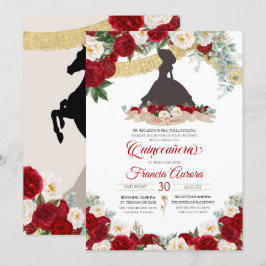 Red White Guld Elegant Blommigt Charro Quinceanera Inbjudningar