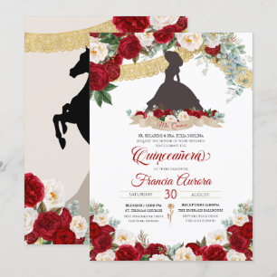 Red White Guld Elegant Blommigt Charro Quinceanera Inbjudningar