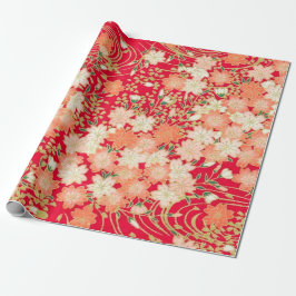 Red White Guld Japansk Kimono Blommigt Decoupage Presentpapper