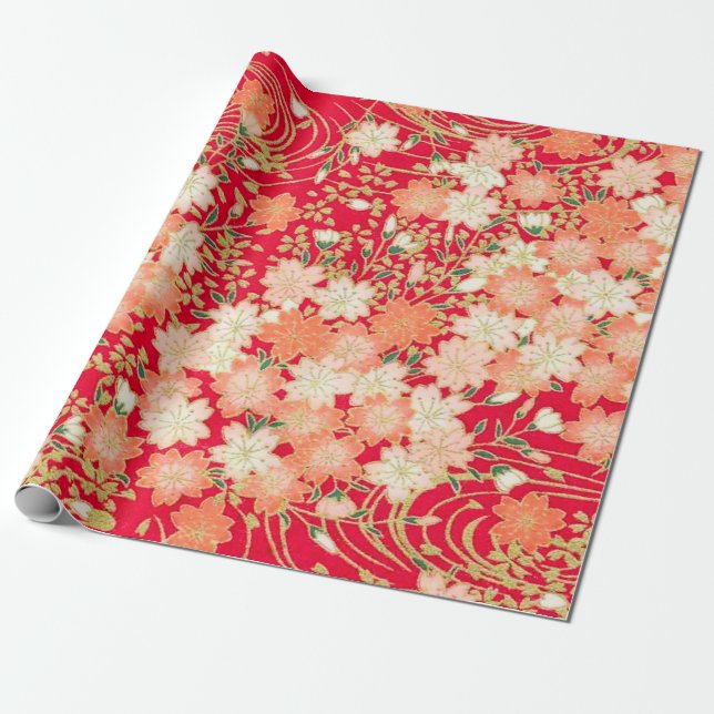 Red White Guld Japansk Kimono Blommigt Decoupage Presentpapper (Utrullad)