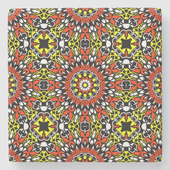 Red, White, Gult & Black Mandala Mönster Stenunderlägg (Framsidan)