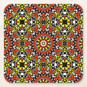 Red, White, Gult & Black Mandala Mönster Underlägg Papper Kvadrat