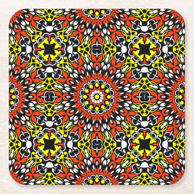 Red, White, Gult & Black Mandala Mönster Underlägg Papper Kvadrat (Framsidan)