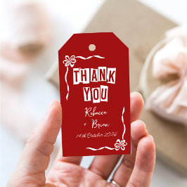 Red & White Hand plockade Bow Bröllop Presentetikett