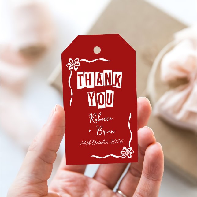 Red & White Hand plockade Bow Bröllop Presentetikett (Skapare uppladdad)