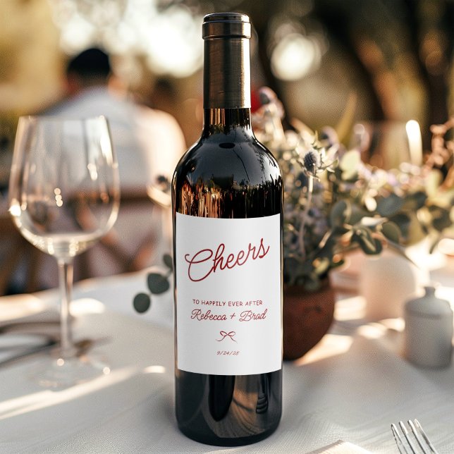 Red & White Hand plockade Bow Sketch Bröllop Vinflaska Etikett (Red & White Hand Drawn Bow Sketch Wedding Wine Label)