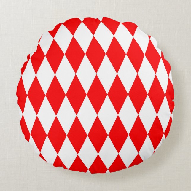 Red White Harlequin Diamonds Checkerss Design Rund Kudde (Framsidan)