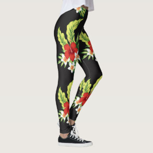 Red & White Hawaiian Hibiscus Mönster Leggings