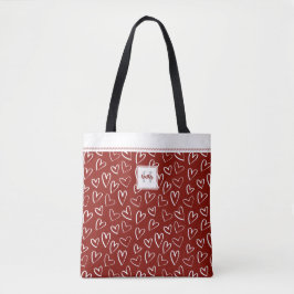 Red White Heart Mönster Monogram Tote Bag Tygkasse