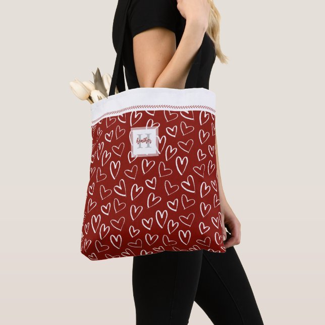 Red White Heart Mönster Monogram Tote Bag Tygkasse (Närbild)