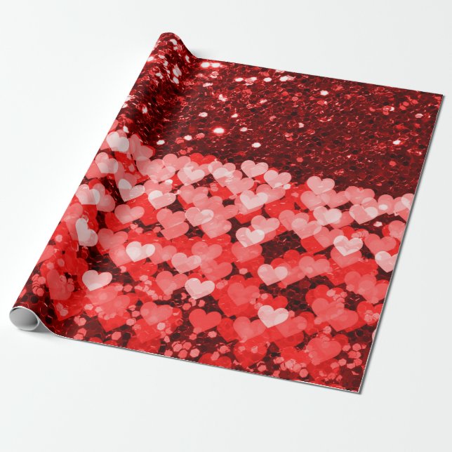 Red & White Hearts Faux Glitter Presentpapper (Utrullad)