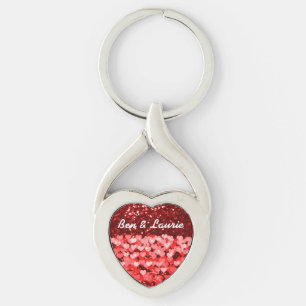 Red & White Hearts Faux Glitter Twisted Heart Silverfärgad Nyckelring