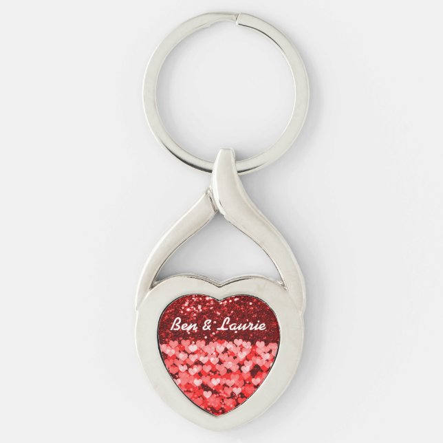 Red & White Hearts Faux Glitter Twisted Heart Silverfärgad Nyckelring (Framsidan)