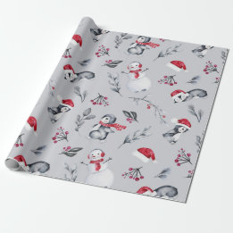 Red & White Helgdag Penguins & Snögubbar Silver Presentpapper