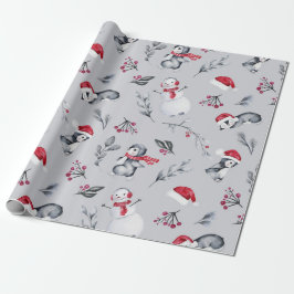 Red & White Helgdag Penguins & Snögubbar Silver Presentpapper