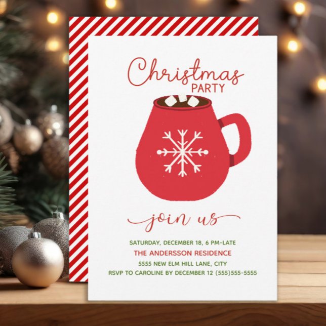 Red White Hett Cocoa-julen Party Inbjudningar (Red and white hot cocoa and candy stripes Christmas party invitation)
