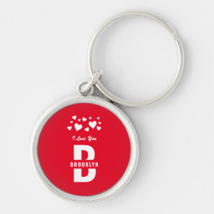 Red White Hipster Monogram Grattis Alla hjärtans d Rund Silverfärgad Nyckelring