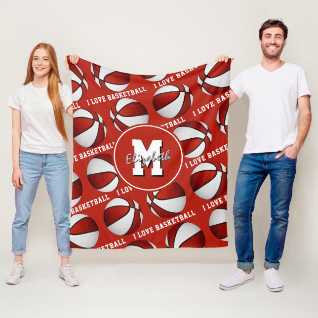 Red white I kärlek basketboll team färg Ull Bla Fleecefilt (På plats)