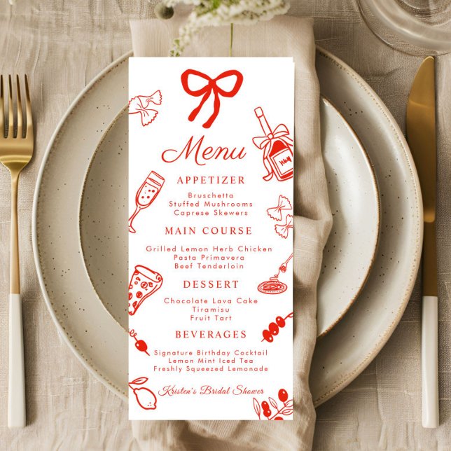 Red & White Italian Food Bridal Shower Flat Menu Meny (That's amore Italian Menu Card)