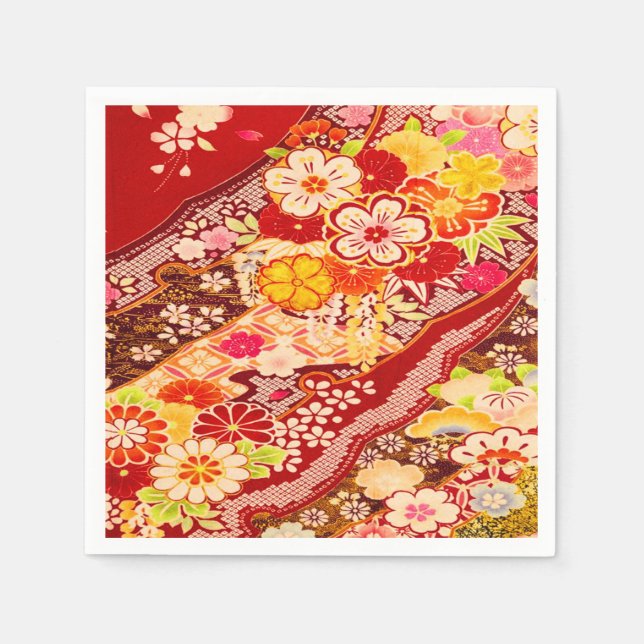 Red White Japansk Kimono Blommigt Decoupage Papper Pappersservett (Framsidan)