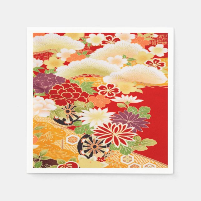 Red White Japansk Kimono Blommigt Decoupage Papper Pappersservett (Framsidan)