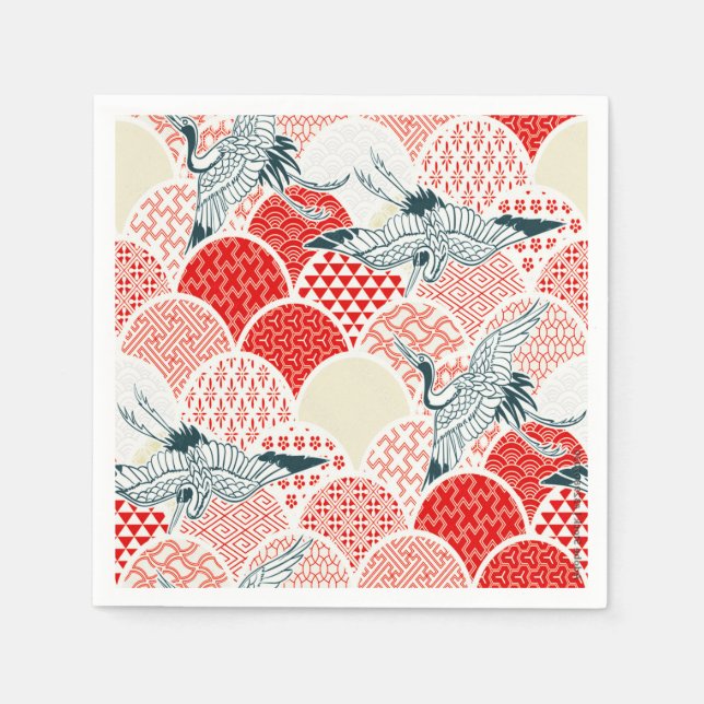 Red White Japansk Kimono Crane Decoupage Papper Pappersservett (Framsidan)