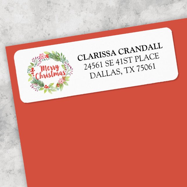 Red White jul Blommigt Returadress för andning Returadress Etikett (An elegant Christmas wreath return address label)