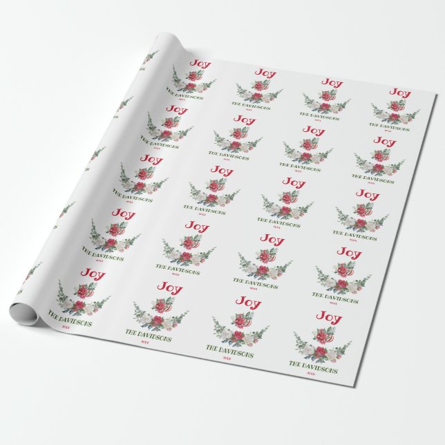Red White-jul-Blommigten Joy Helgdagars Monogram Presentpapper (Utrullad)