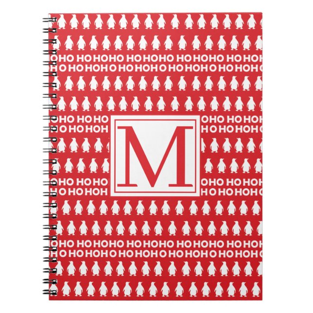Red White jul Penguins HOHOHO Monogram Anteckningsbok (Framsidan)