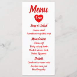 Red & White Kärlek Heart Menu Bröllopsfest Meny