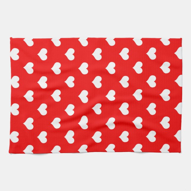Red White Kärlek Heart Mönster Design Kökshandduk (Horisontell)