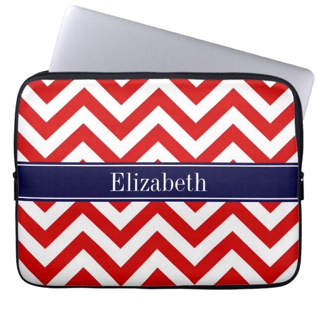 Red White LG Chevron Navy Blue Namn Monogram Laptop Sleeve (Framsidan)