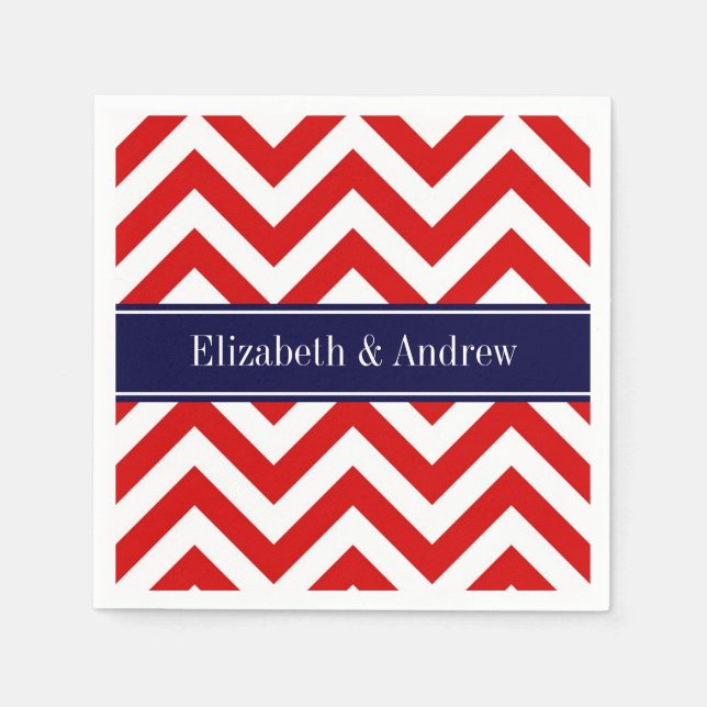 Red White LG Chevron Navy Blue Namn Monogram Pappersservett (Framsidan)